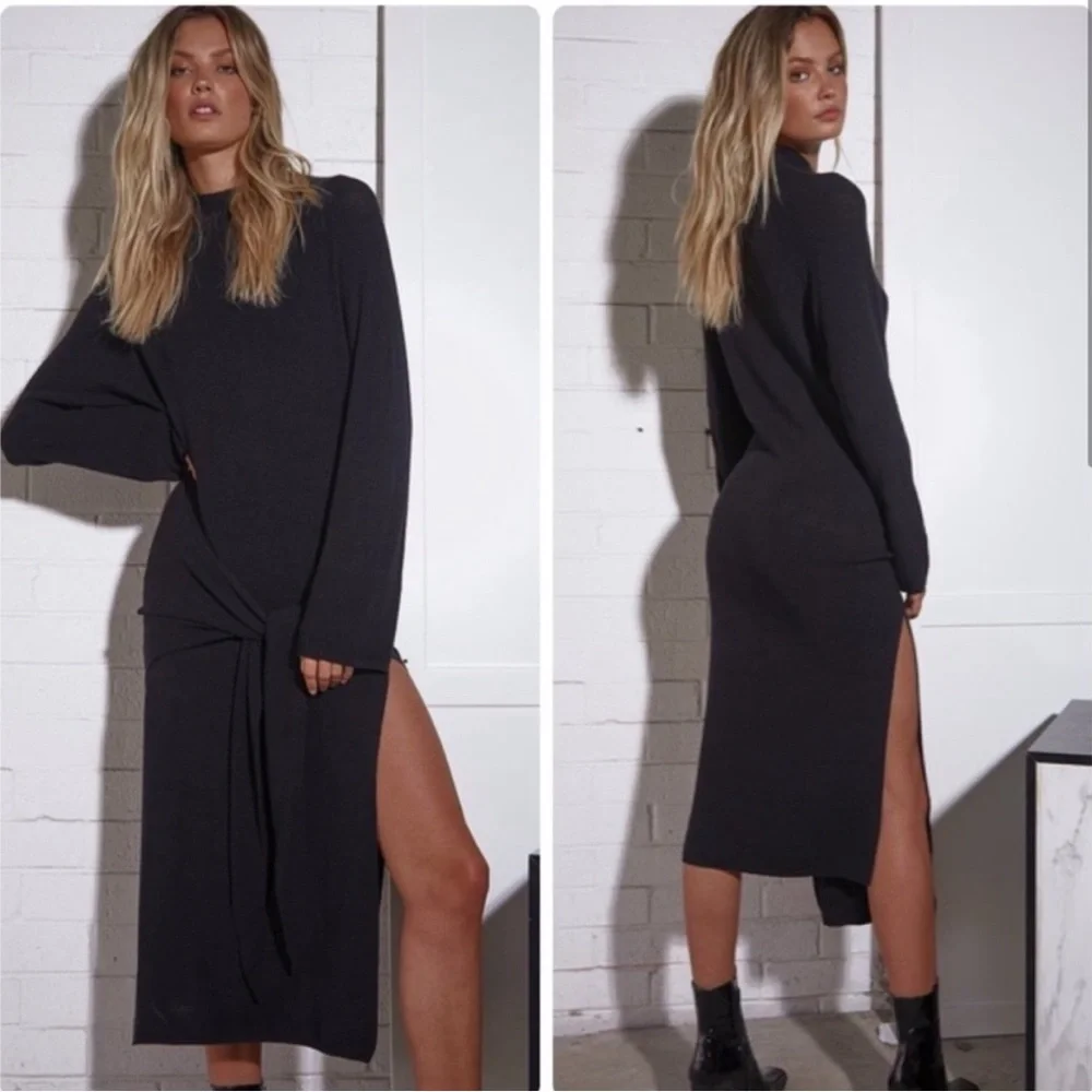 NWT Revolve SNDYS Tied Up Ribbed Long Sleeve Dress in Black. - Picture 1 of 14